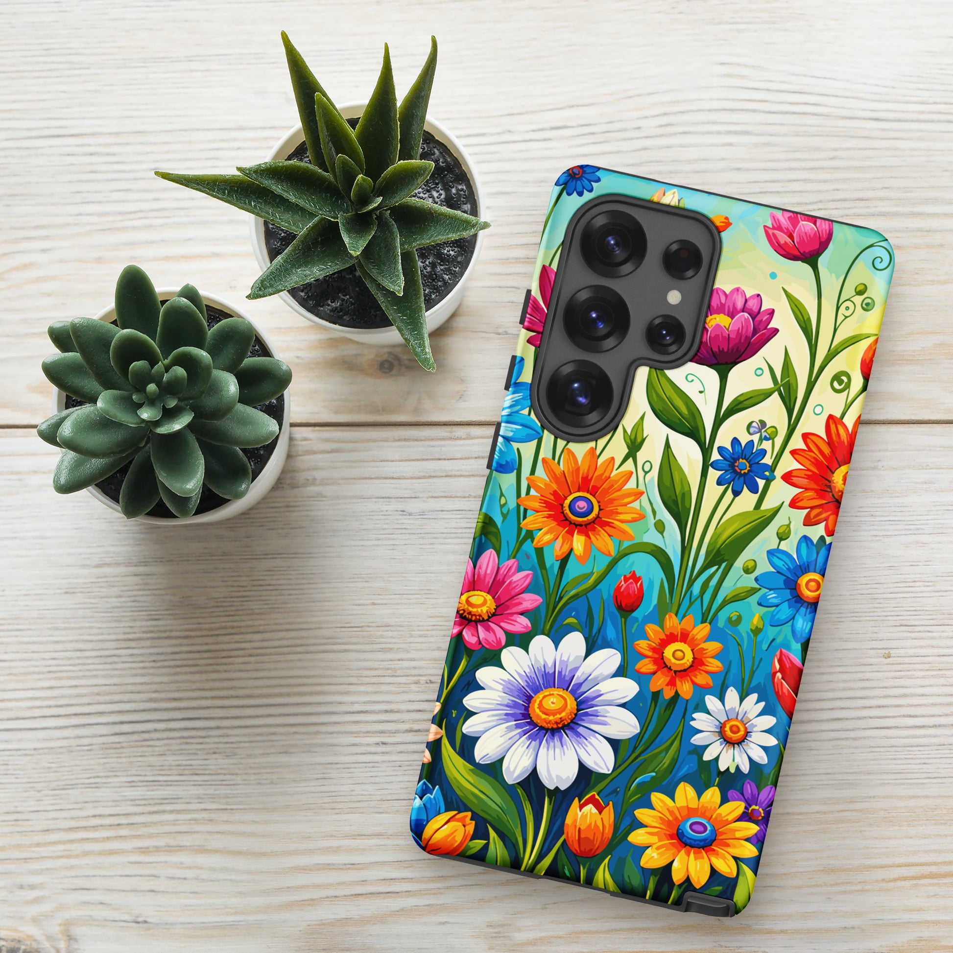 Vibrant retro flower power design featuring colorful daisies, blue, orange, and purple psychedelic boho garden artwork.