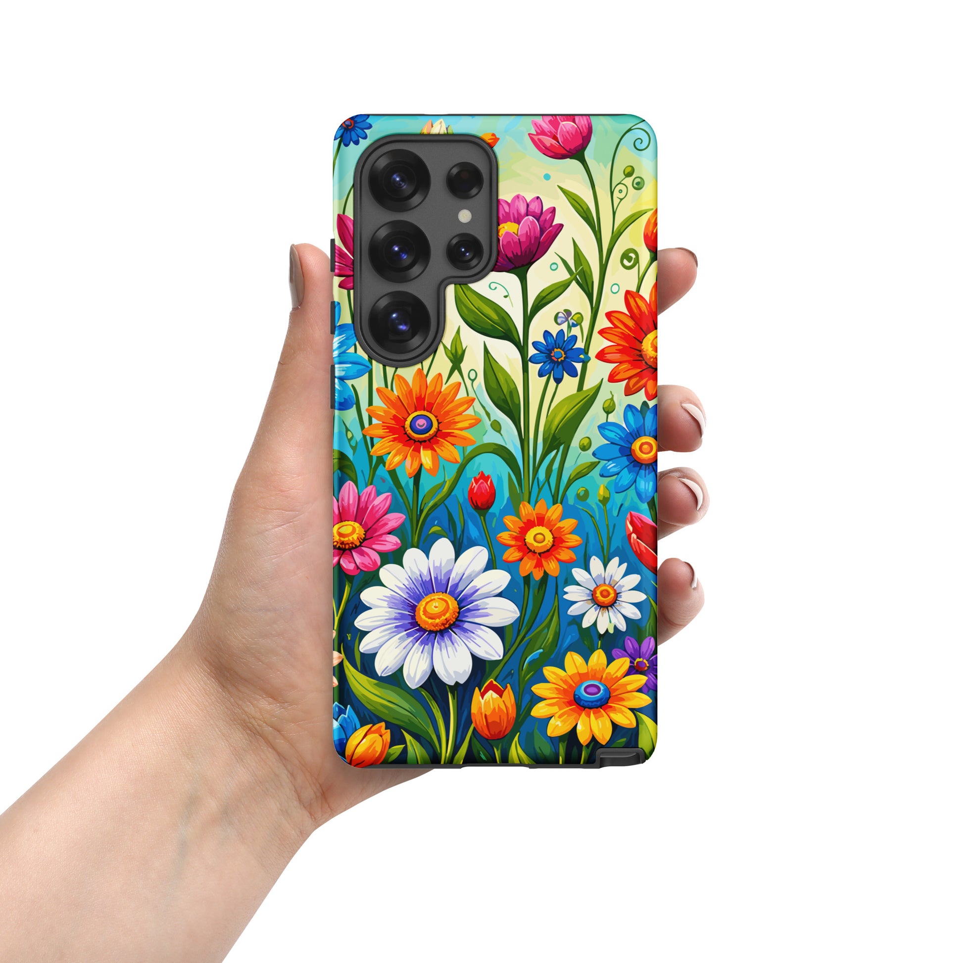 Vibrant retro flower power design featuring colorful daisies, blue, orange, and purple psychedelic boho garden artwork.