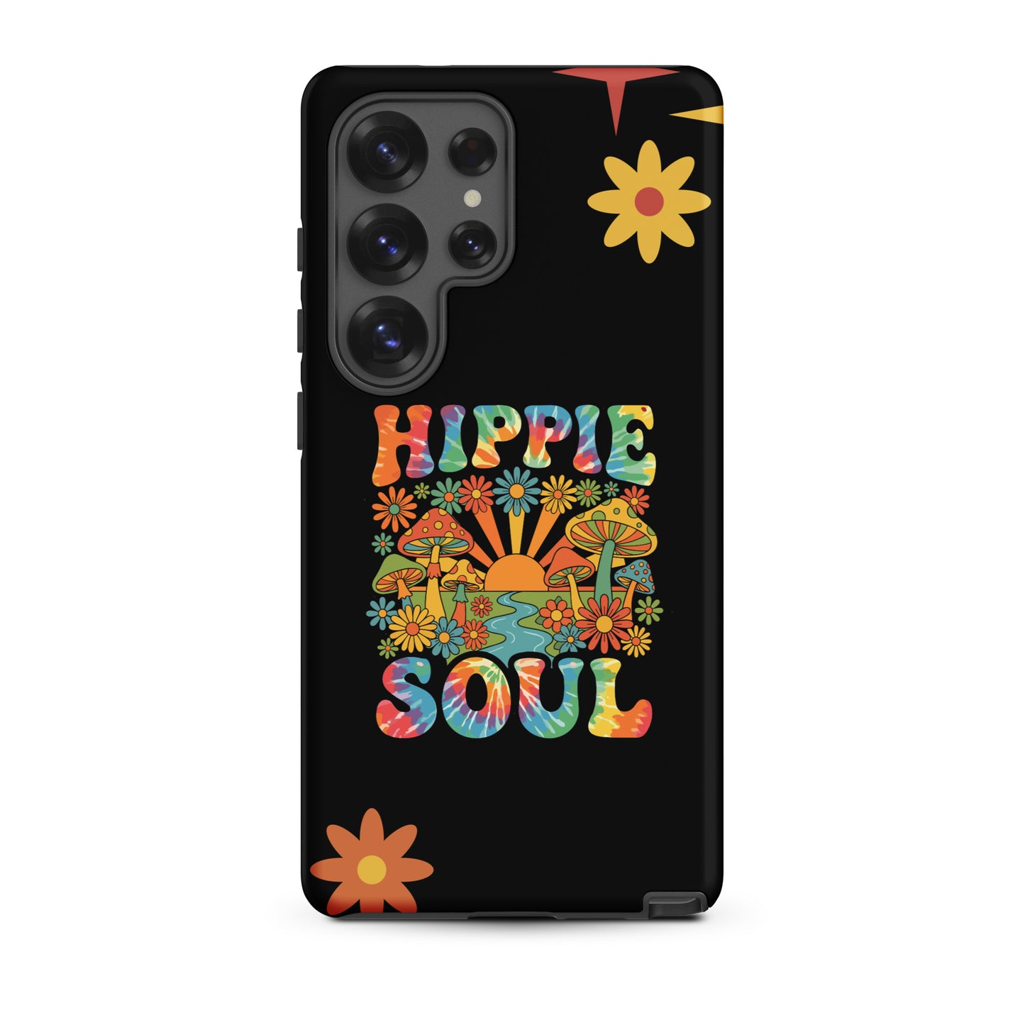 Retro Hippie Soul TPU Samsung Galaxy case featuring colorful mushrooms, daisies, sunburst, and tie-dye lettering.