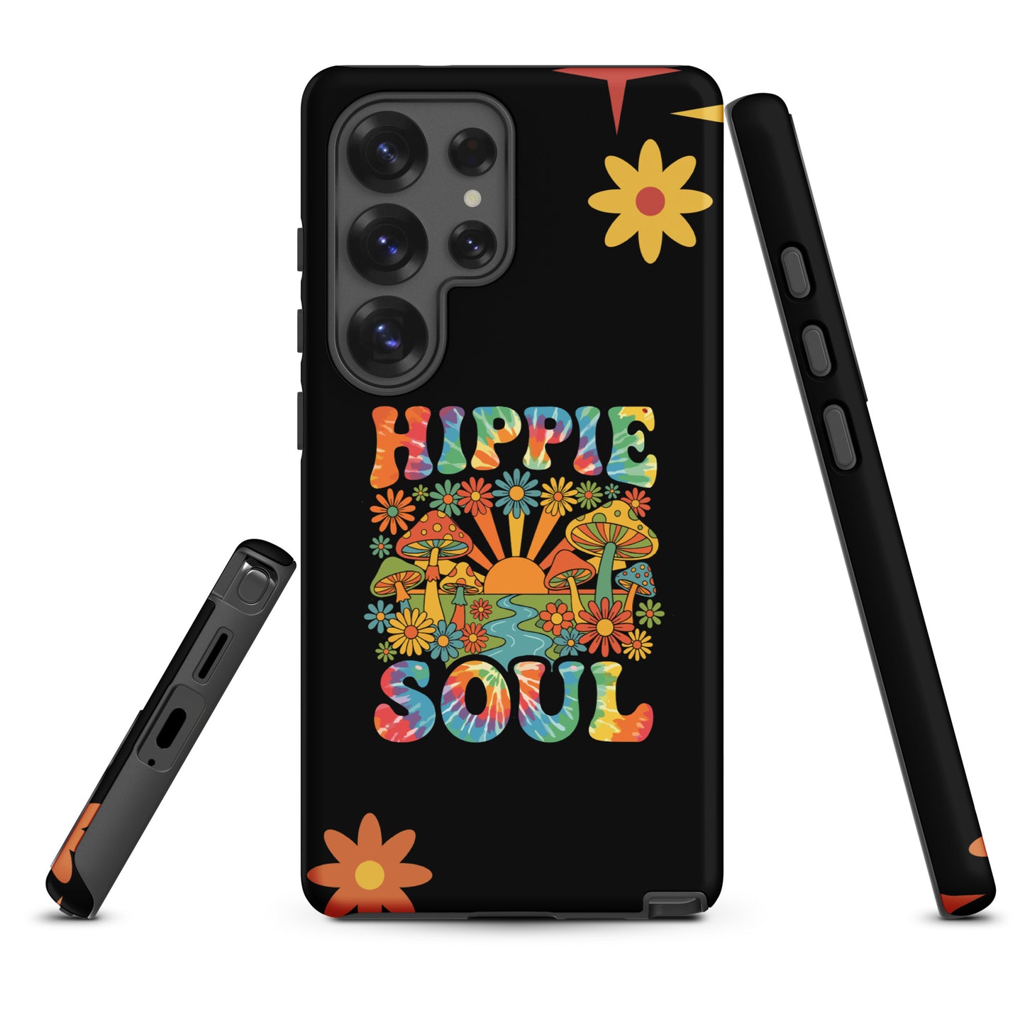 Retro Hippie Soul TPU Samsung Galaxy case featuring colorful mushrooms, daisies, sunburst, and tie-dye lettering.