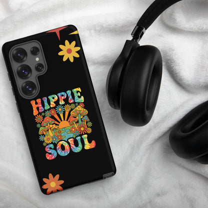 Retro Hippie Soul TPU Samsung Galaxy case featuring colorful mushrooms, daisies, sunburst, and tie-dye lettering.