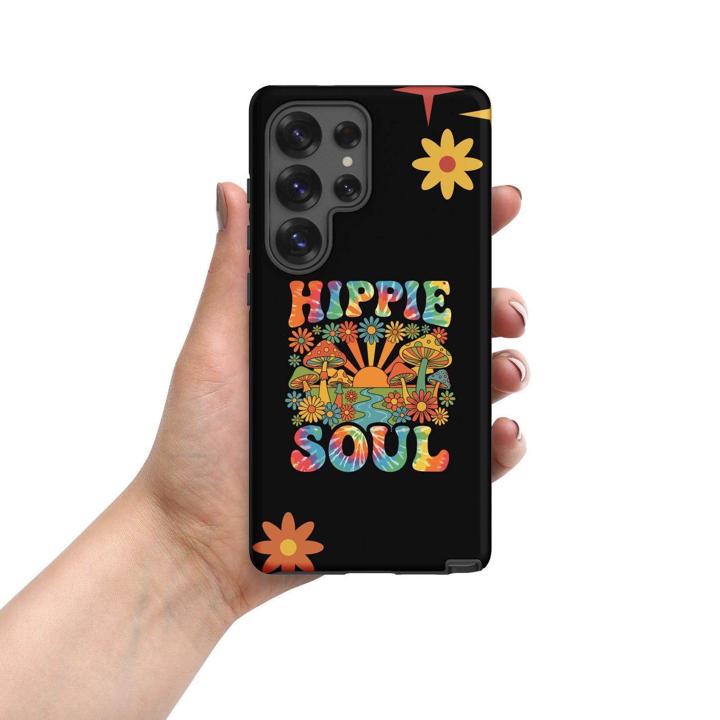 Retro Hippie Soul TPU Samsung Galaxy case featuring colorful mushrooms, daisies, sunburst, and tie-dye lettering.