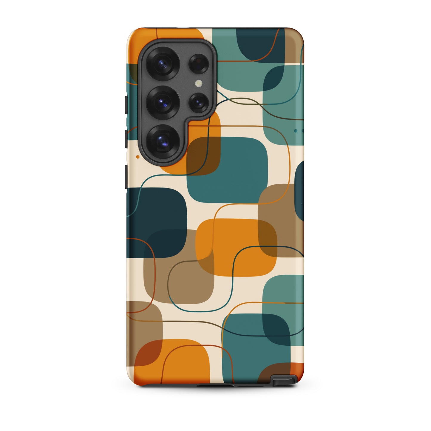Retro geometric TPU Samsung Galaxy case featuring mid-century rounded squares and lines in teal, mustard yellow, and orange.