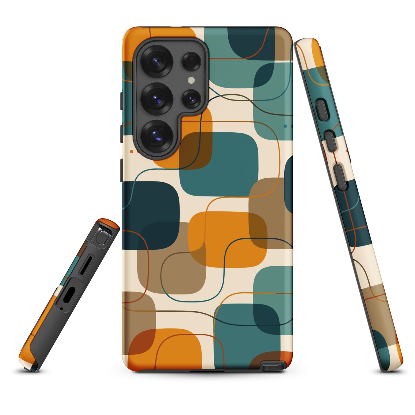 Retro geometric TPU Samsung Galaxy case featuring mid-century rounded squares and lines in teal, mustard yellow, and orange.