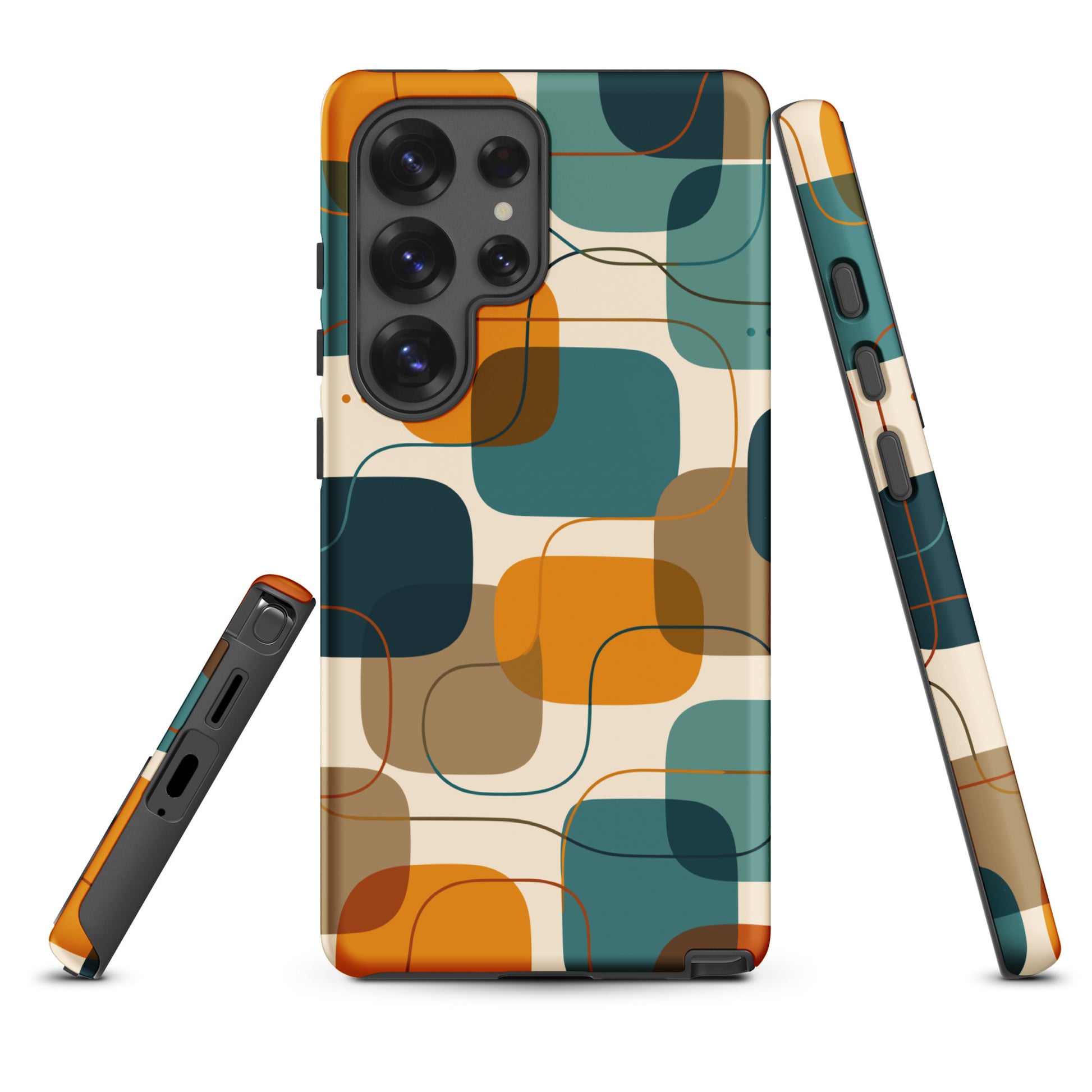 Retro geometric TPU Samsung Galaxy case featuring mid-century rounded squares and lines in teal, mustard yellow, and orange.