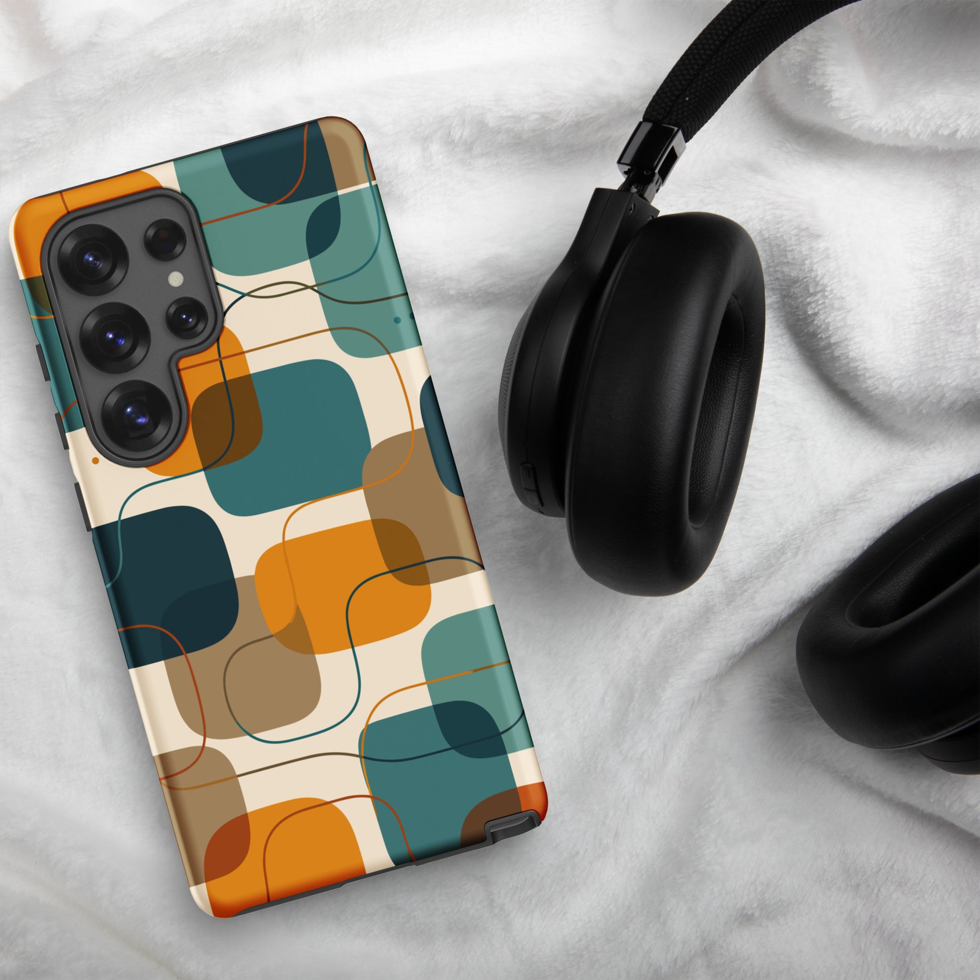 Retro geometric TPU Samsung Galaxy case featuring mid-century rounded squares and lines in teal, mustard yellow, and orange.