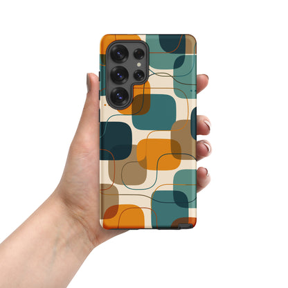 Retro geometric TPU Samsung Galaxy case featuring mid-century rounded squares and lines in teal, mustard yellow, and orange.