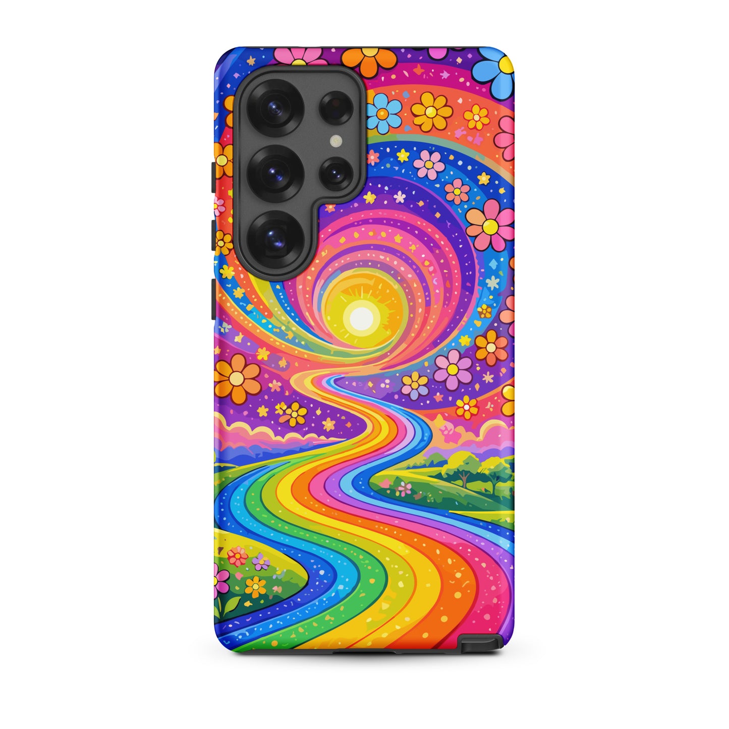 Psychedelic Samsung Galaxy case featuring a vibrant rainbow road winding through green hills with colorful flowers