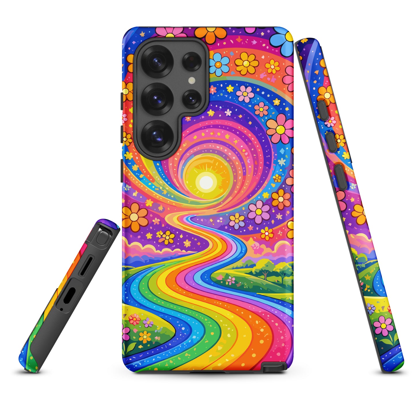 Psychedelic Samsung Galaxy case featuring a vibrant rainbow road winding through green hills with colorful flowers