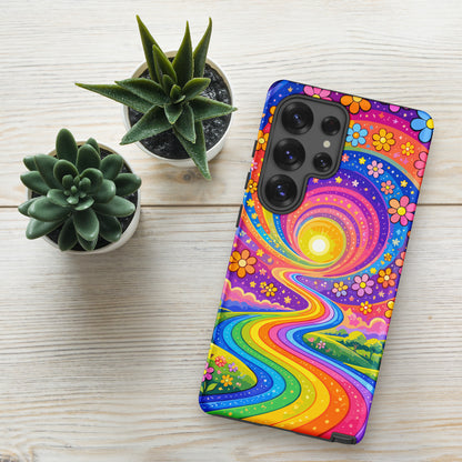 Psychedelic Samsung Galaxy case featuring a vibrant rainbow road winding through green hills with colorful flowers