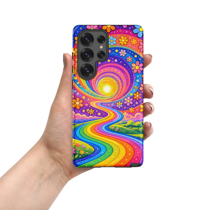 Psychedelic Samsung Galaxy case featuring a vibrant rainbow road winding through green hills with colorful flowers
