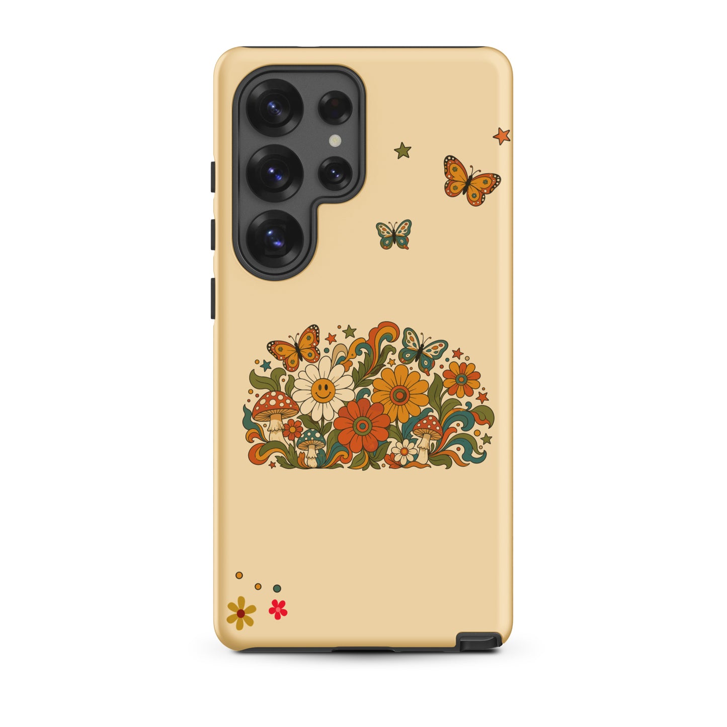 Retro 70s psychedelic design with smiling flowers, butterflies, and mushrooms on a TPU Samsung Galaxy phone case.