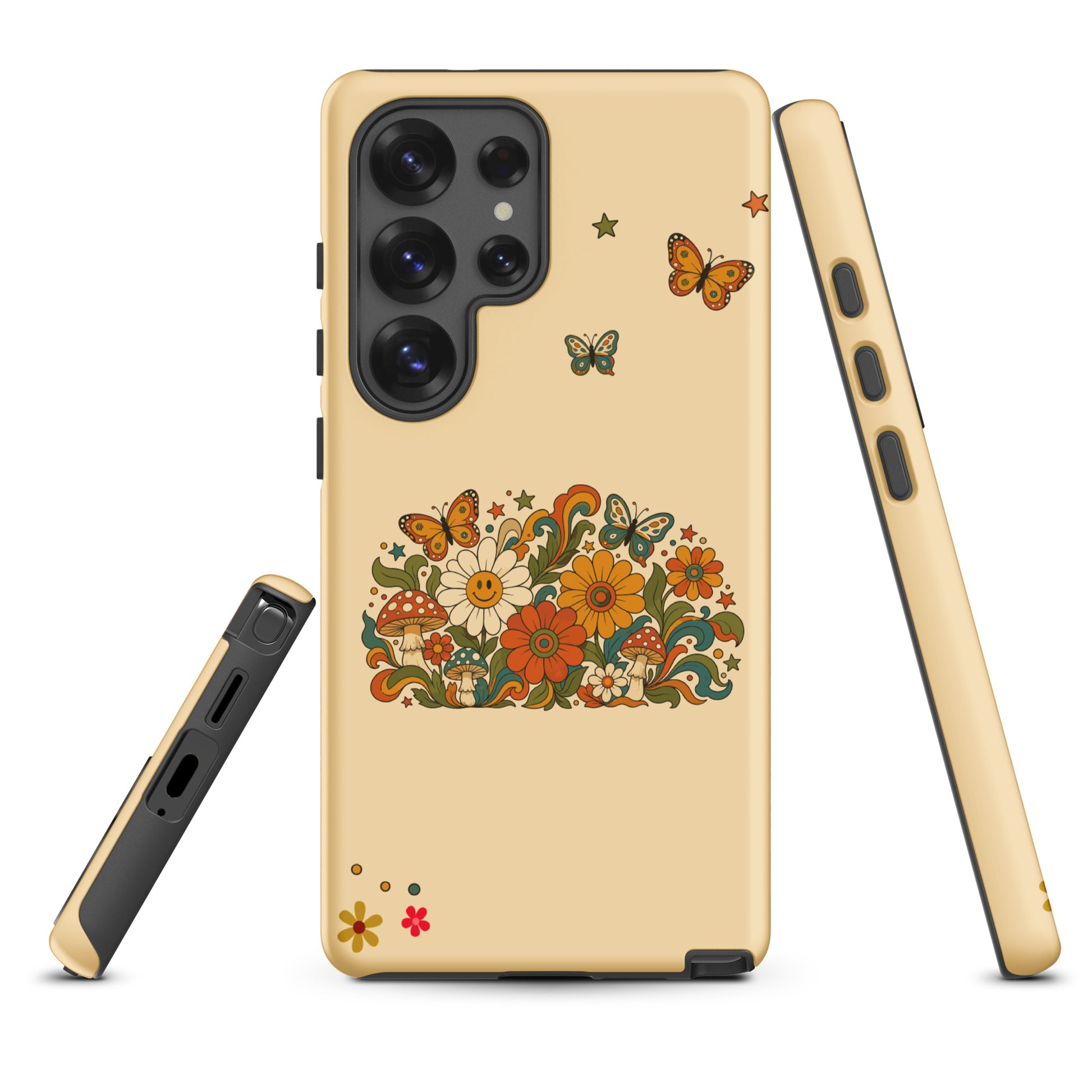 Retro 70s psychedelic design with smiling flowers, butterflies, and mushrooms on a TPU Samsung Galaxy phone case.