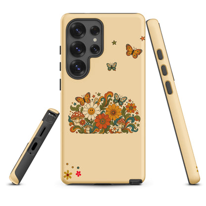 Retro 70s psychedelic design with smiling flowers, butterflies, and mushrooms on a TPU Samsung Galaxy phone case.