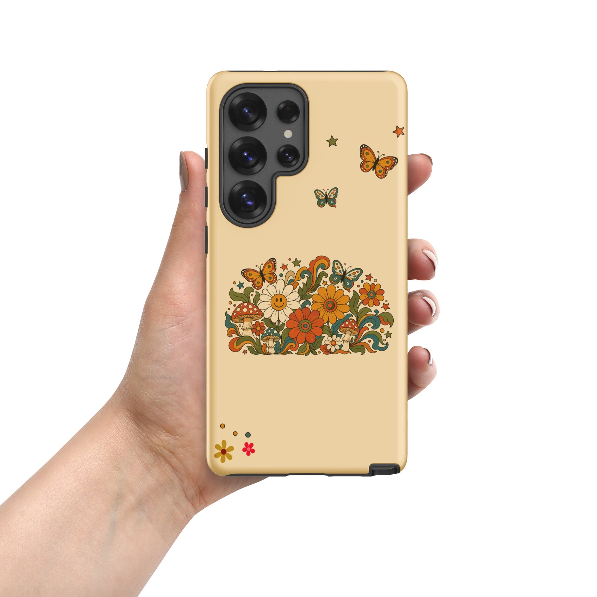 Retro 70s psychedelic design with smiling flowers, butterflies, and mushrooms on a TPU Samsung Galaxy phone case.