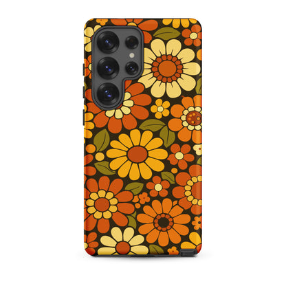 Retro 70s floral pattern with orange, yellow, and white daisies printed on a flexible clear TPU Samsung Galaxy case.