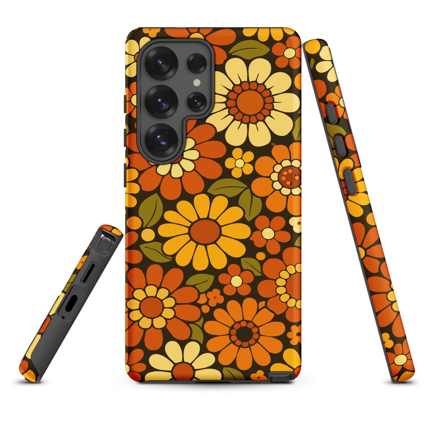 Retro 70s floral pattern with orange, yellow, and white daisies printed on a flexible clear TPU Samsung Galaxy case.