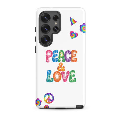 Retro tie-dye Peace and Love lettering TPU Samsung Galaxy case with vibrant rainbow 60s hippie font