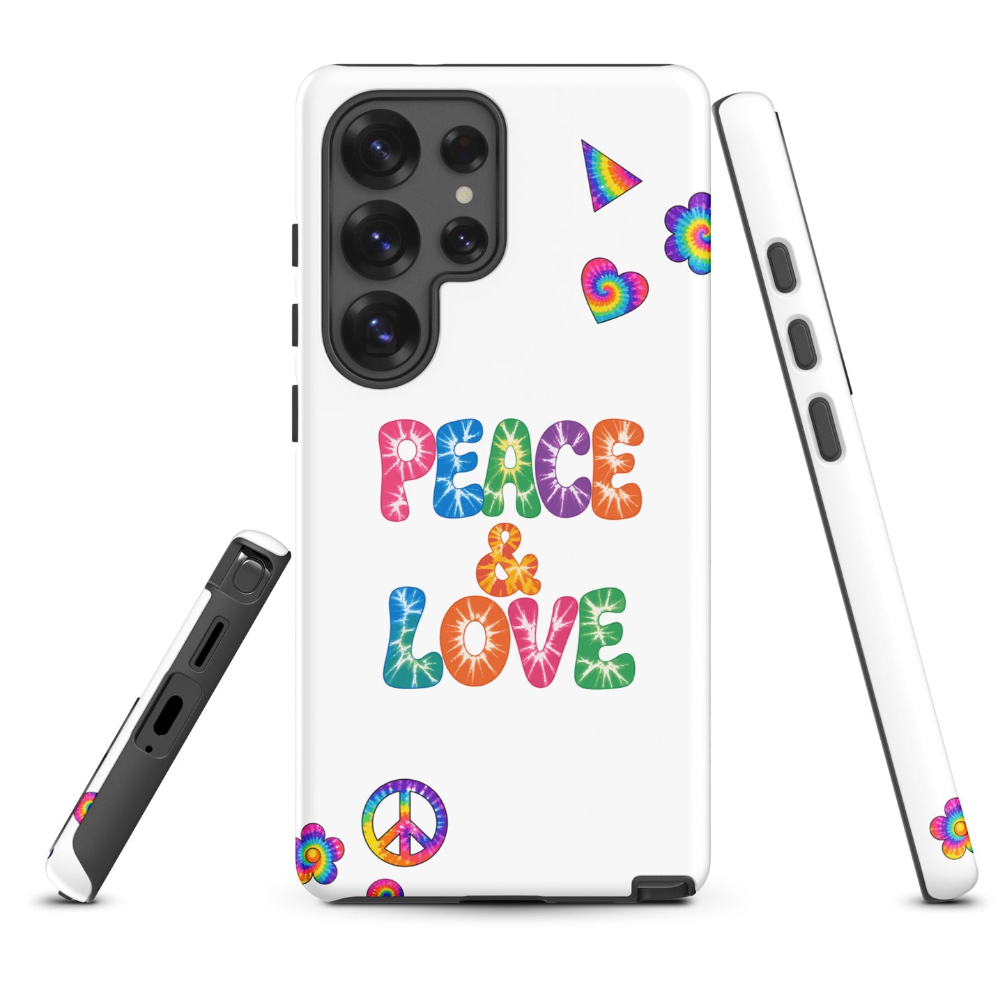Retro tie-dye Peace and Love lettering TPU Samsung Galaxy case with vibrant rainbow 60s hippie font