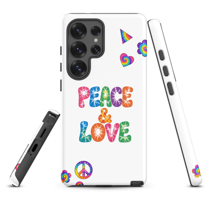 Retro tie-dye Peace and Love lettering TPU Samsung Galaxy case with vibrant rainbow 60s hippie font