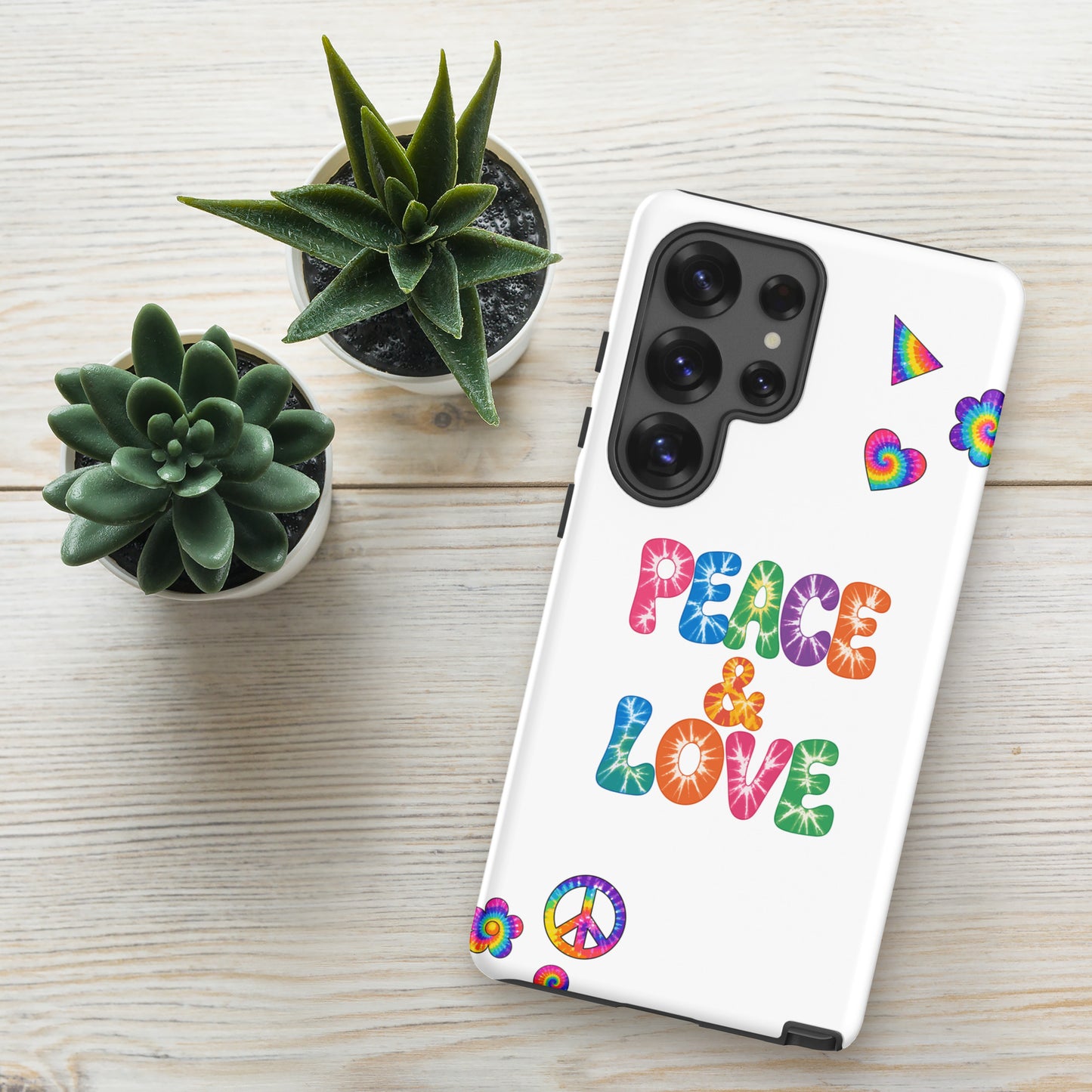 Retro tie-dye Peace and Love lettering TPU Samsung Galaxy case with vibrant rainbow 60s hippie font