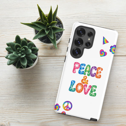 Retro tie-dye Peace and Love lettering TPU Samsung Galaxy case with vibrant rainbow 60s hippie font
