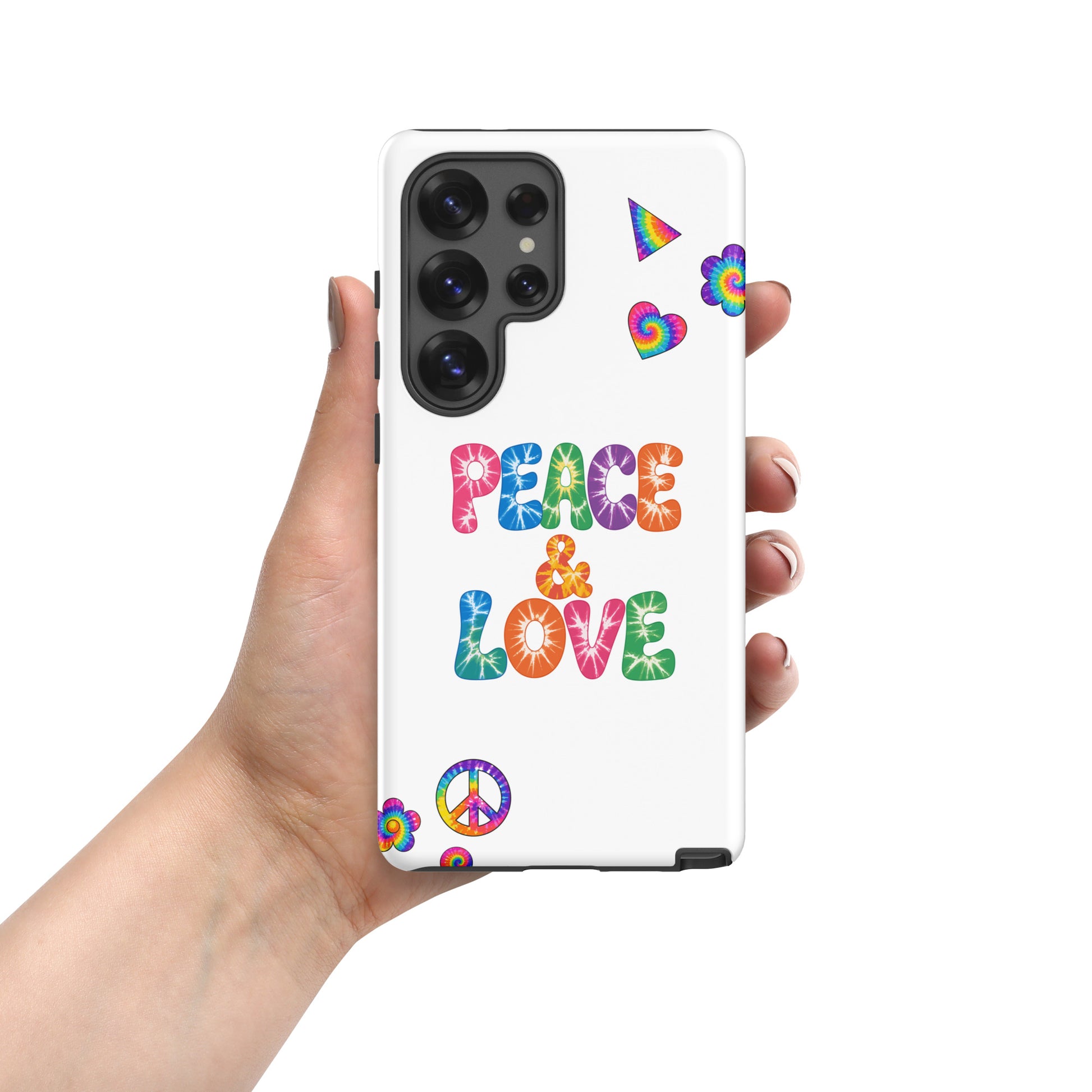 Retro tie-dye Peace and Love lettering TPU Samsung Galaxy case with vibrant rainbow 60s hippie font