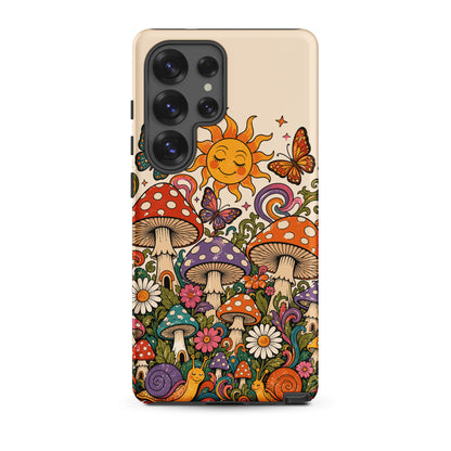 Durable TPU Samsung Galaxy case featuring colorful 70s retro mushrooms, smiling snails, butterflies, and a bright sun.
