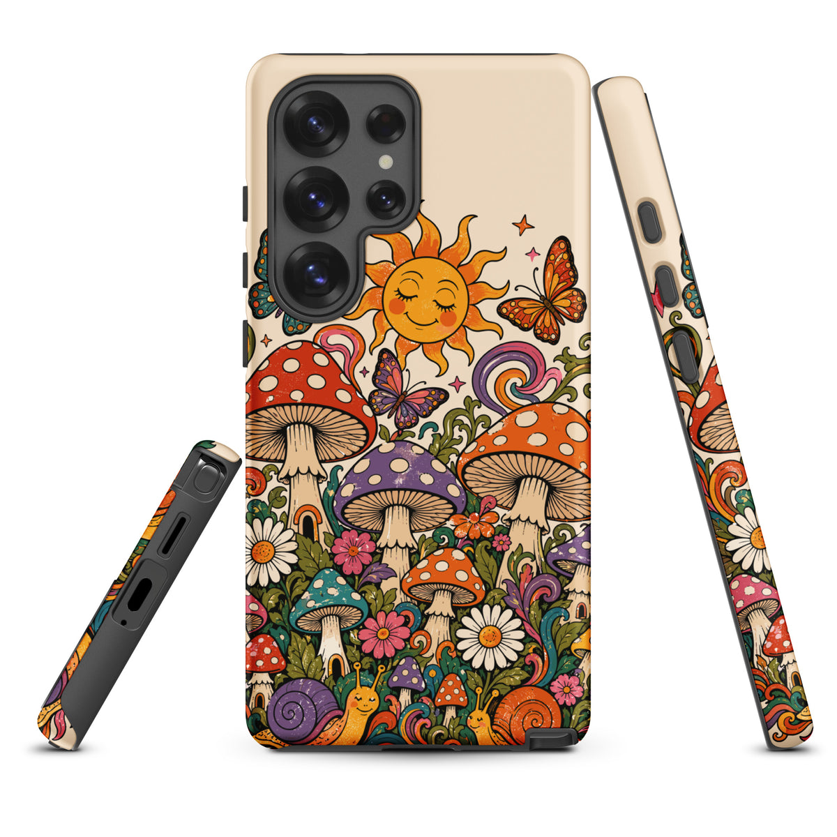Durable TPU Samsung Galaxy case featuring colorful 70s retro mushrooms, smiling snails, butterflies, and a bright sun.