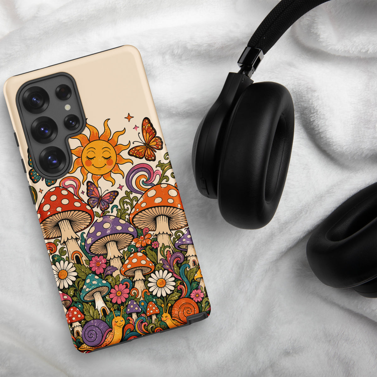 Durable TPU Samsung Galaxy case featuring colorful 70s retro mushrooms, smiling snails, butterflies, and a bright sun.