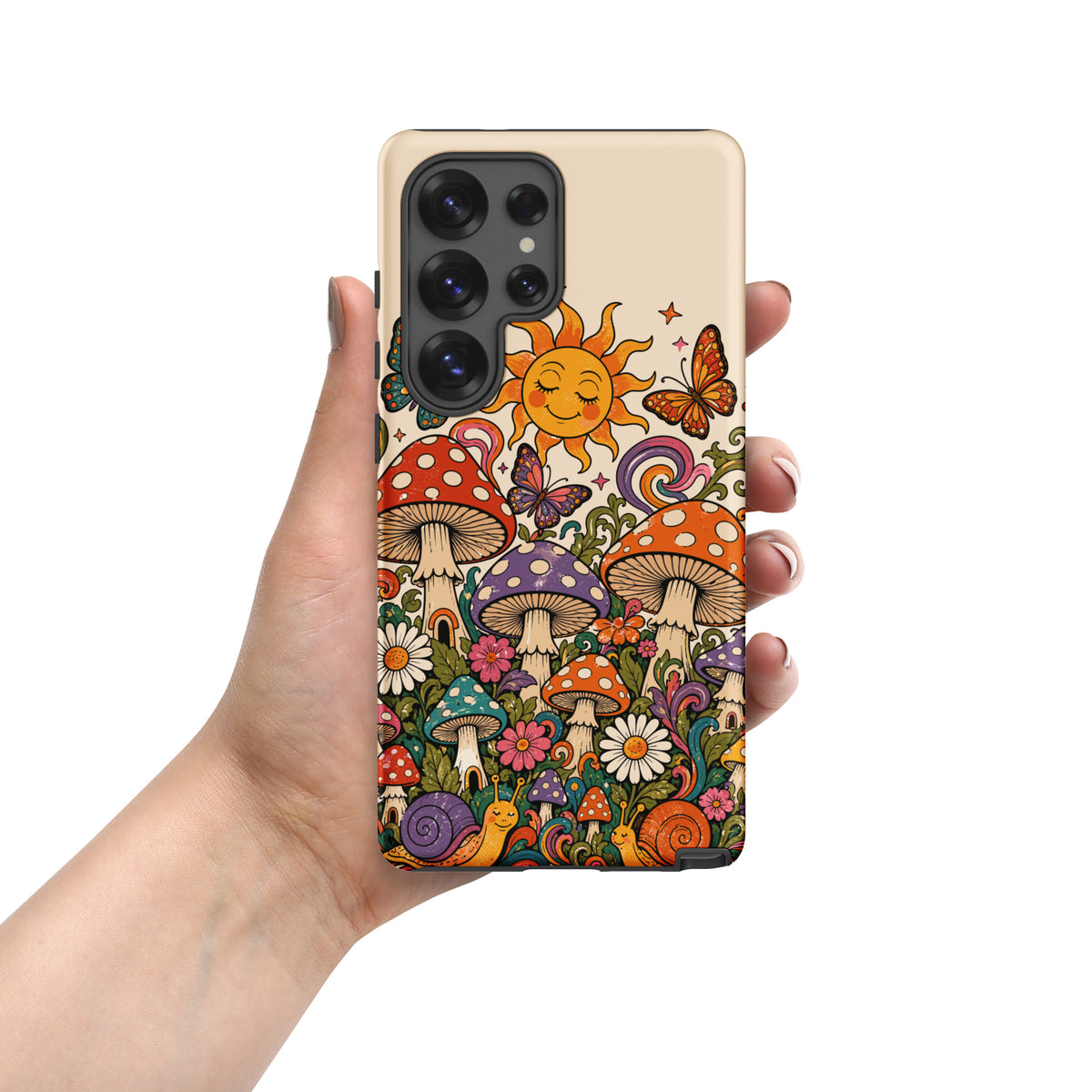 Durable TPU Samsung Galaxy case featuring colorful 70s retro mushrooms, smiling snails, butterflies, and a bright sun.