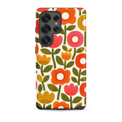 Retro 1970s flower power pattern TPU Samsung case featuring geometric orange, pink, and yellow flowers with green leaves