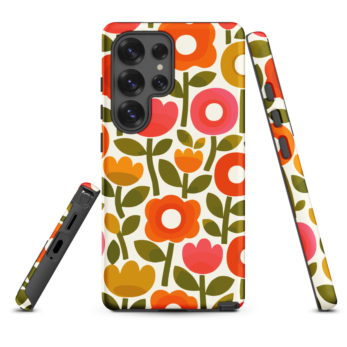 Retro 1970s flower power pattern TPU Samsung case featuring geometric orange, pink, and yellow flowers with green leaves