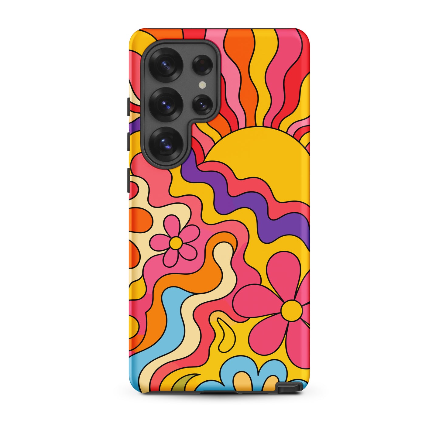 Vibrant 1970s psychedelic Samsung case featuring a wavy retro sunburst sunset surrounded by colorful groovy flowers.