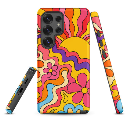 Vibrant 1970s psychedelic Samsung case featuring a wavy retro sunburst sunset surrounded by colorful groovy flowers.