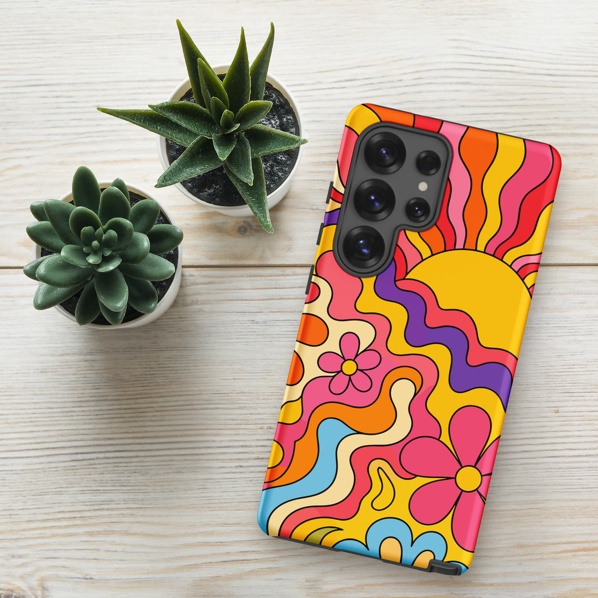Vibrant 1970s psychedelic Samsung case featuring a wavy retro sunburst sunset surrounded by colorful groovy flowers.