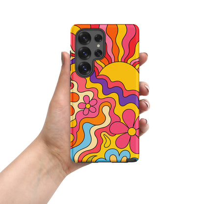 Vibrant 1970s psychedelic Samsung case featuring a wavy retro sunburst sunset surrounded by colorful groovy flowers.