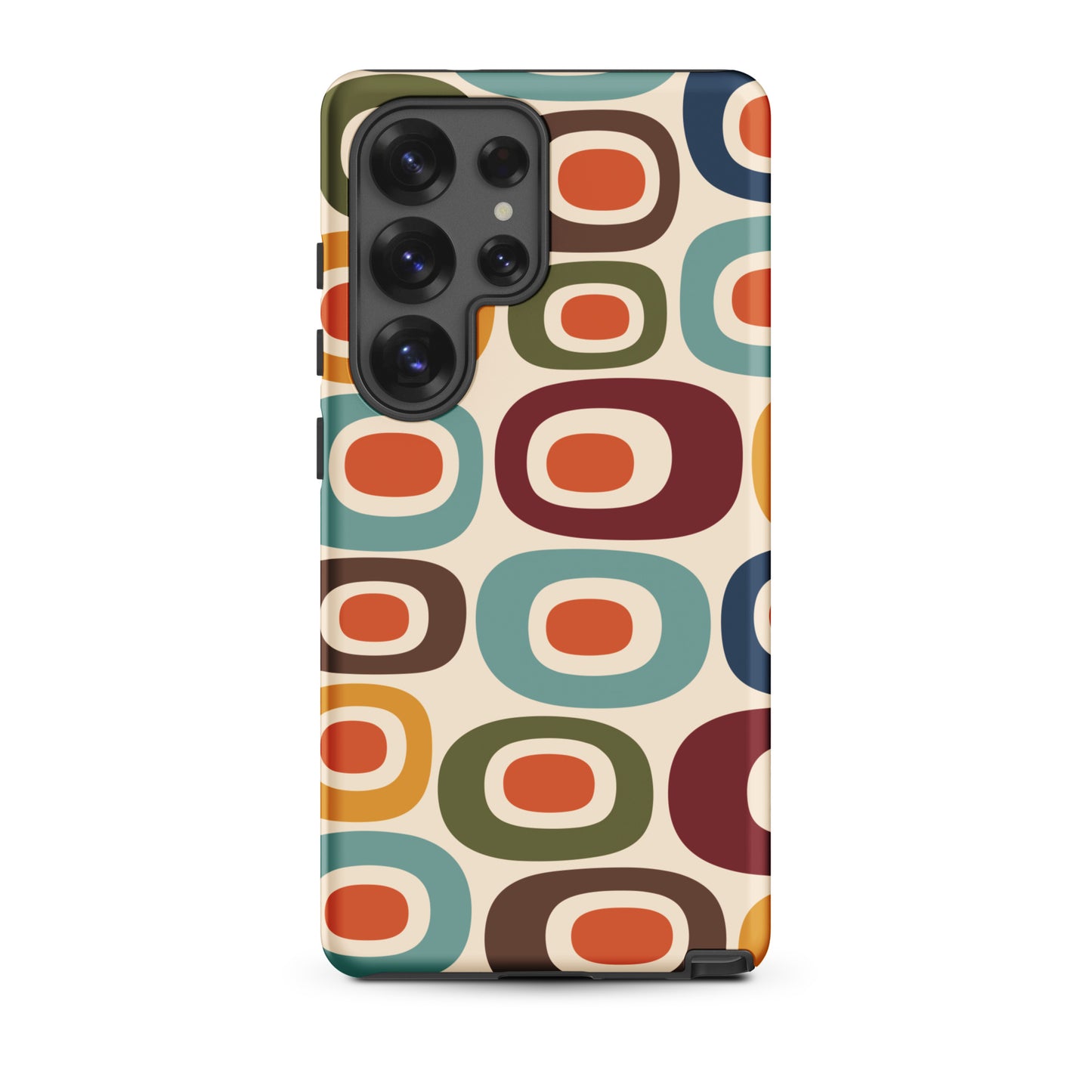 Retro 1970s mid-century modern geometric oval pattern TPU Samsung Galaxy case with colorful mustard, orange, and teal shapes