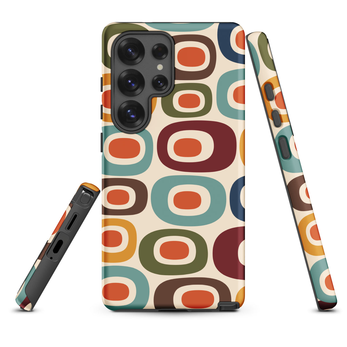 Retro 1970s mid-century modern geometric oval pattern TPU Samsung Galaxy case with colorful mustard, orange, and teal shapes