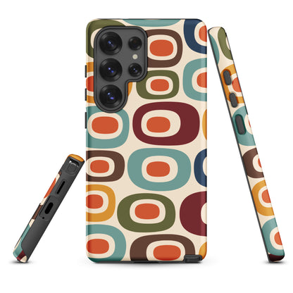 Retro 1970s mid-century modern geometric oval pattern TPU Samsung Galaxy case with colorful mustard, orange, and teal shapes