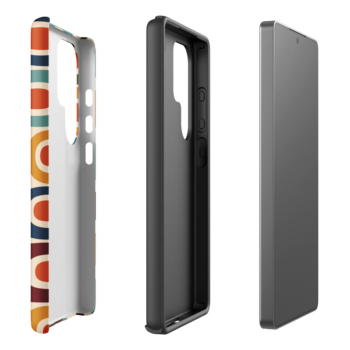 Retro 1970s mid-century modern geometric oval pattern TPU Samsung Galaxy case with colorful mustard, orange, and teal shapes
