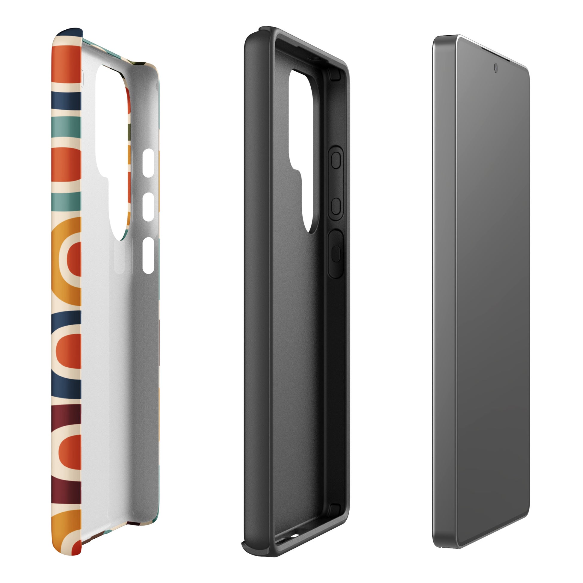 Retro 1970s mid-century modern geometric oval pattern TPU Samsung Galaxy case with colorful mustard, orange, and teal shapes