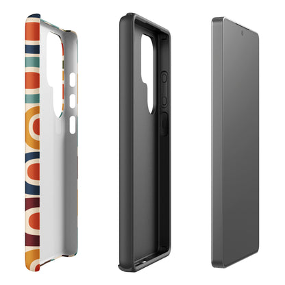 Retro 1970s mid-century modern geometric oval pattern TPU Samsung Galaxy case with colorful mustard, orange, and teal shapes
