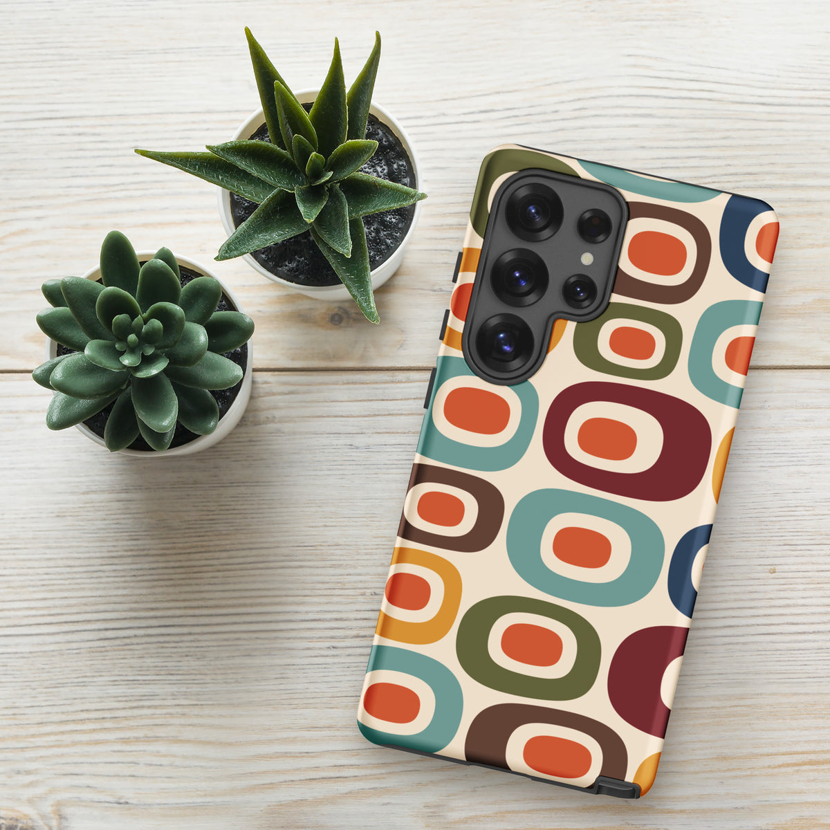 Retro 1970s mid-century modern geometric oval pattern TPU Samsung Galaxy case with colorful mustard, orange, and teal shapes