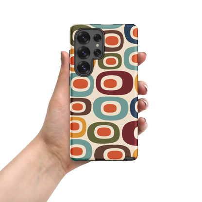 Retro 1970s mid-century modern geometric oval pattern TPU Samsung Galaxy case with colorful mustard, orange, and teal shapes