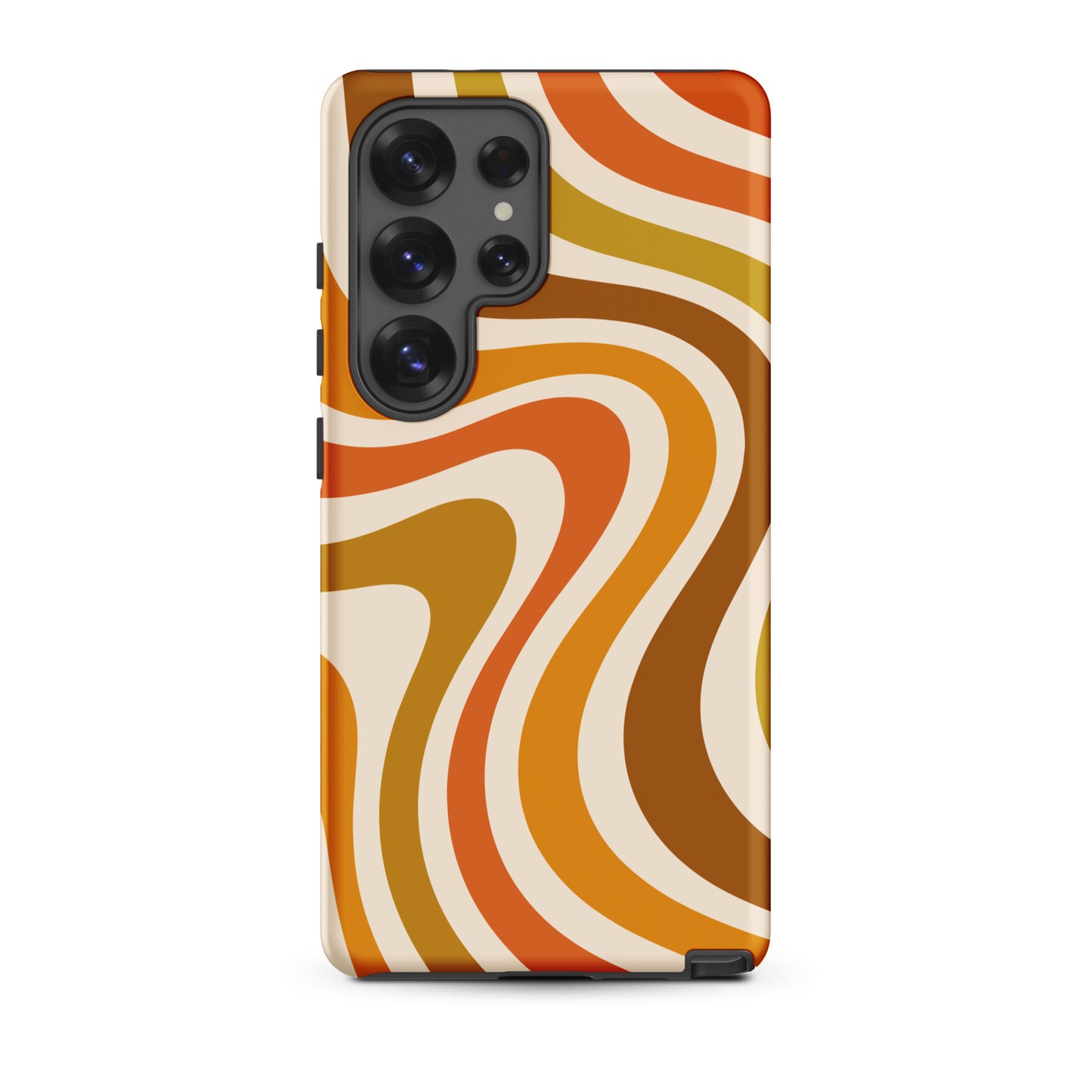 Retro 70s groovy wavy pattern in orange, mustard, brown, and cream printed on a flexible TPU Samsung protective case.