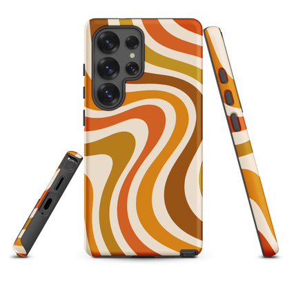Retro 70s groovy wavy pattern in orange, mustard, brown, and cream printed on a flexible TPU Samsung protective case.