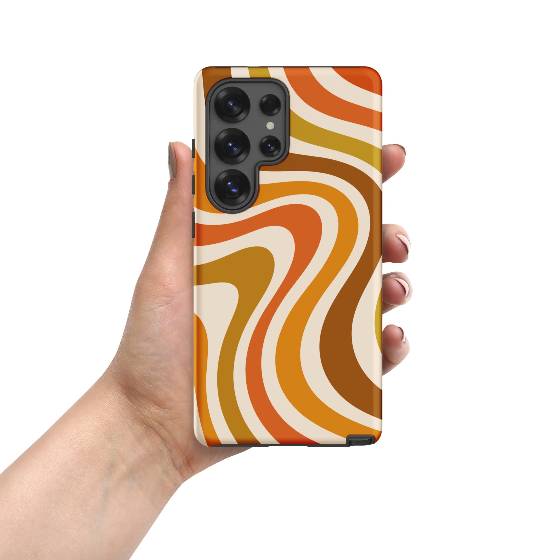 Retro 70s groovy wavy pattern in orange, mustard, brown, and cream printed on a flexible TPU Samsung protective case.