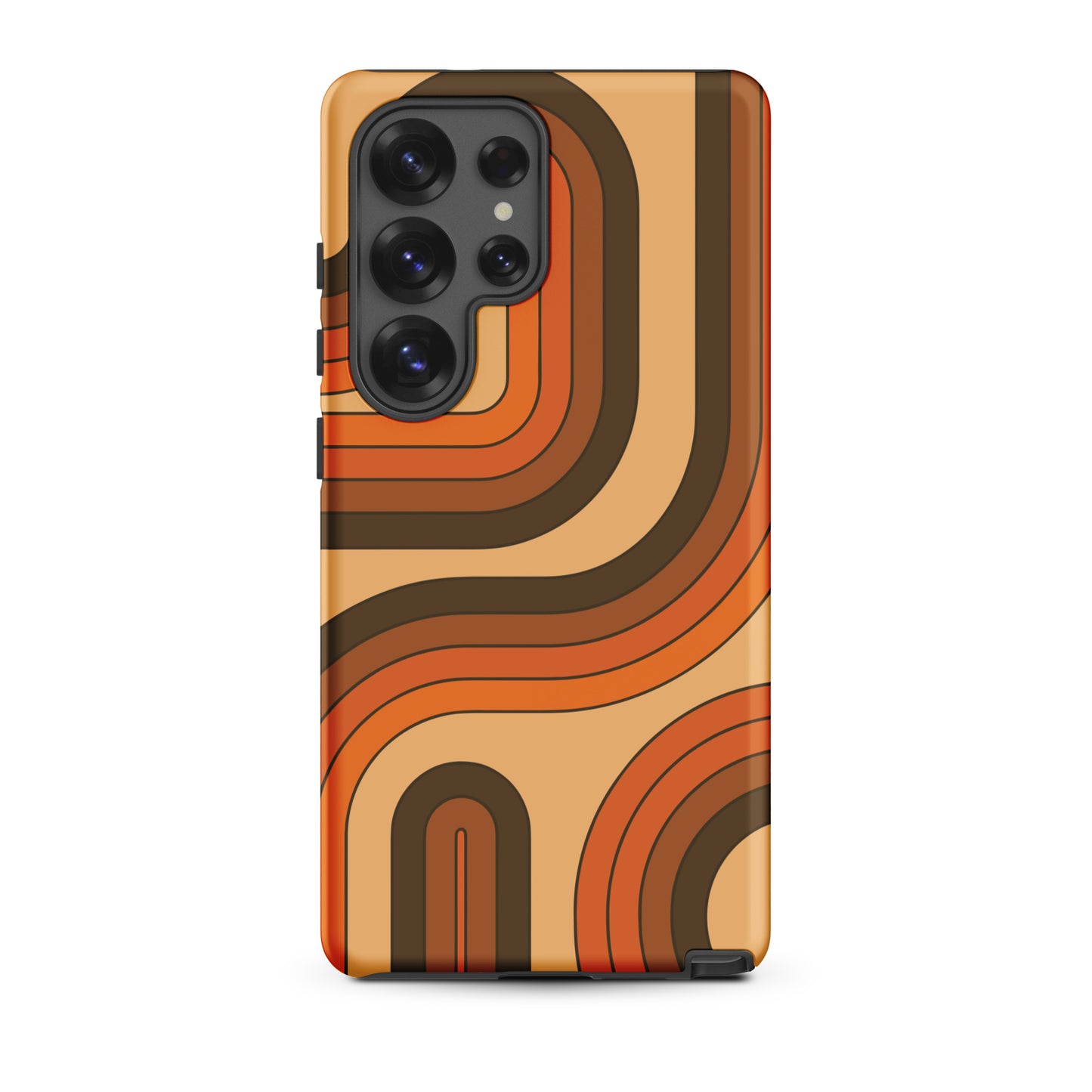Retro 70s curved stripe pattern in earth tones, brown, and orange printed on a flexible TPU Samsung Galaxy phone case.
