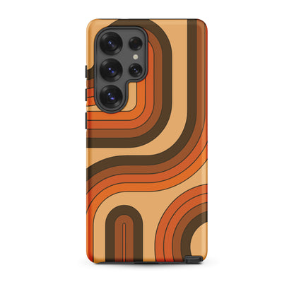 Retro 70s curved stripe pattern in earth tones, brown, and orange printed on a flexible TPU Samsung Galaxy phone case.